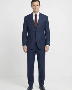 Tovaglia Mens Navy Textured Classic Fit Notch Lapels Wool Silk 2 Button Suit
