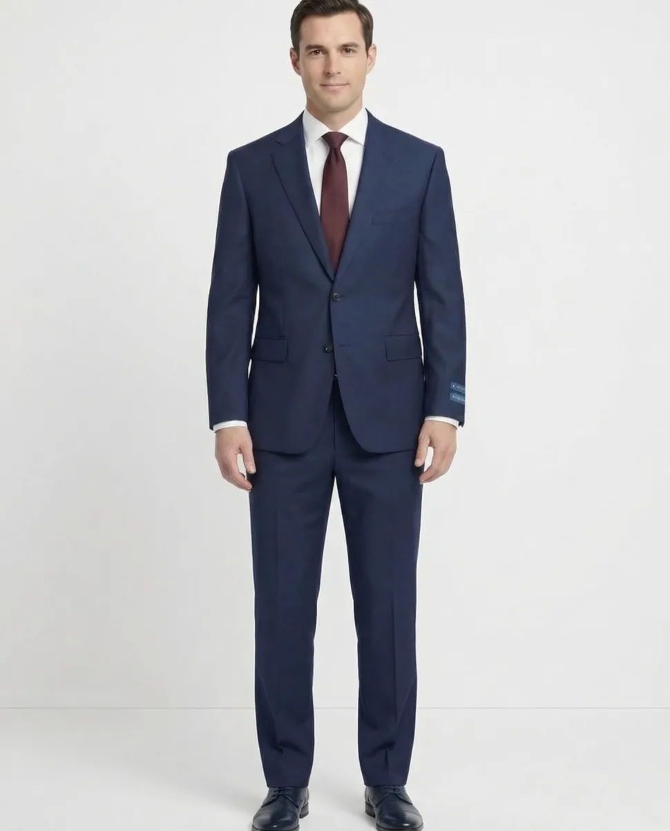 Tovaglia Mens Navy Textured Classic Fit Notch Lapels Wool Silk 2 Button Suit