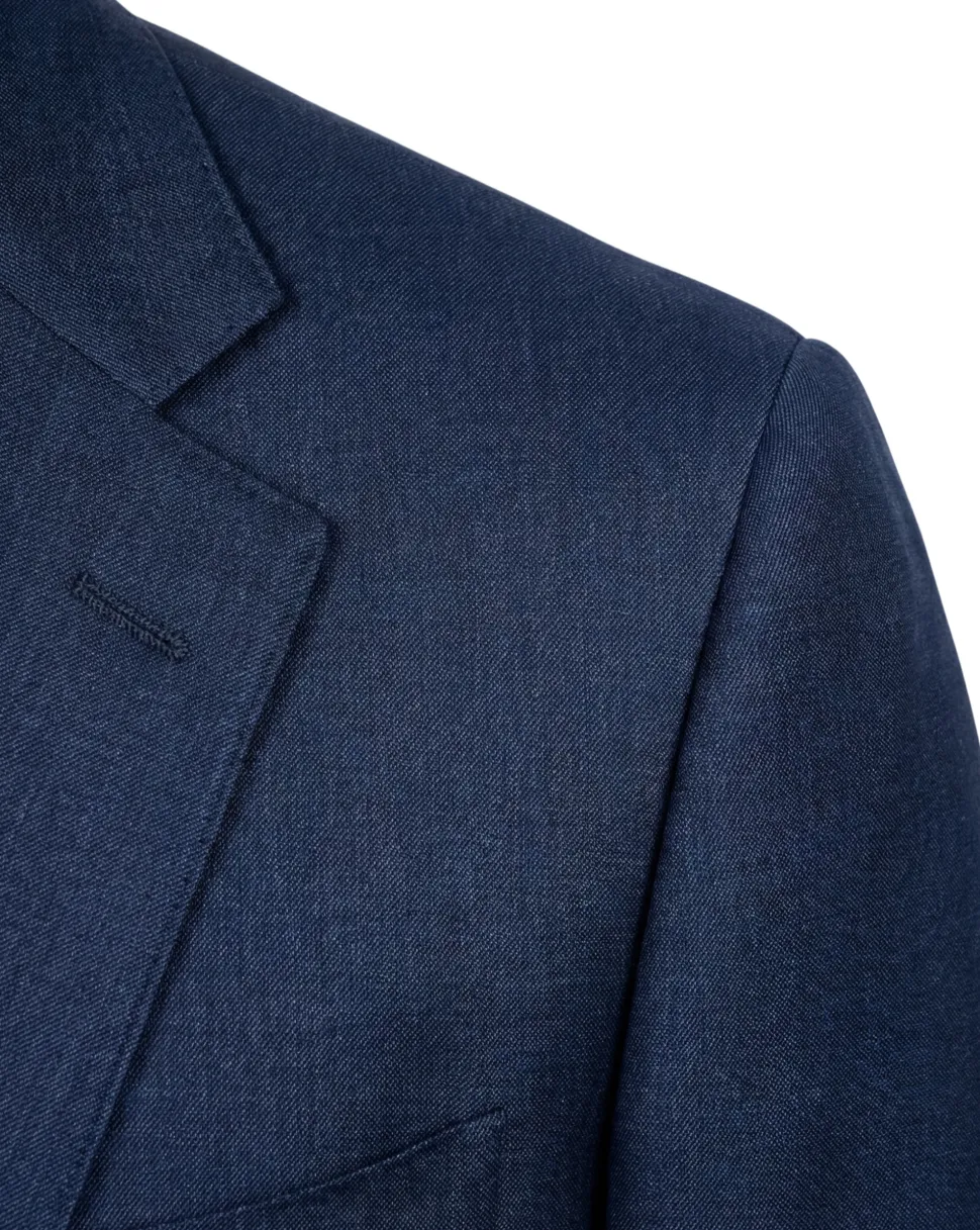 Tovaglia Mens Navy Textured Classic Fit Notch Lapels Wool Silk 2 Button Suit