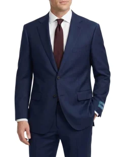 Tovaglia Mens Navy Textured Classic Fit Notch Lapels Wool Silk 2 Button Suit