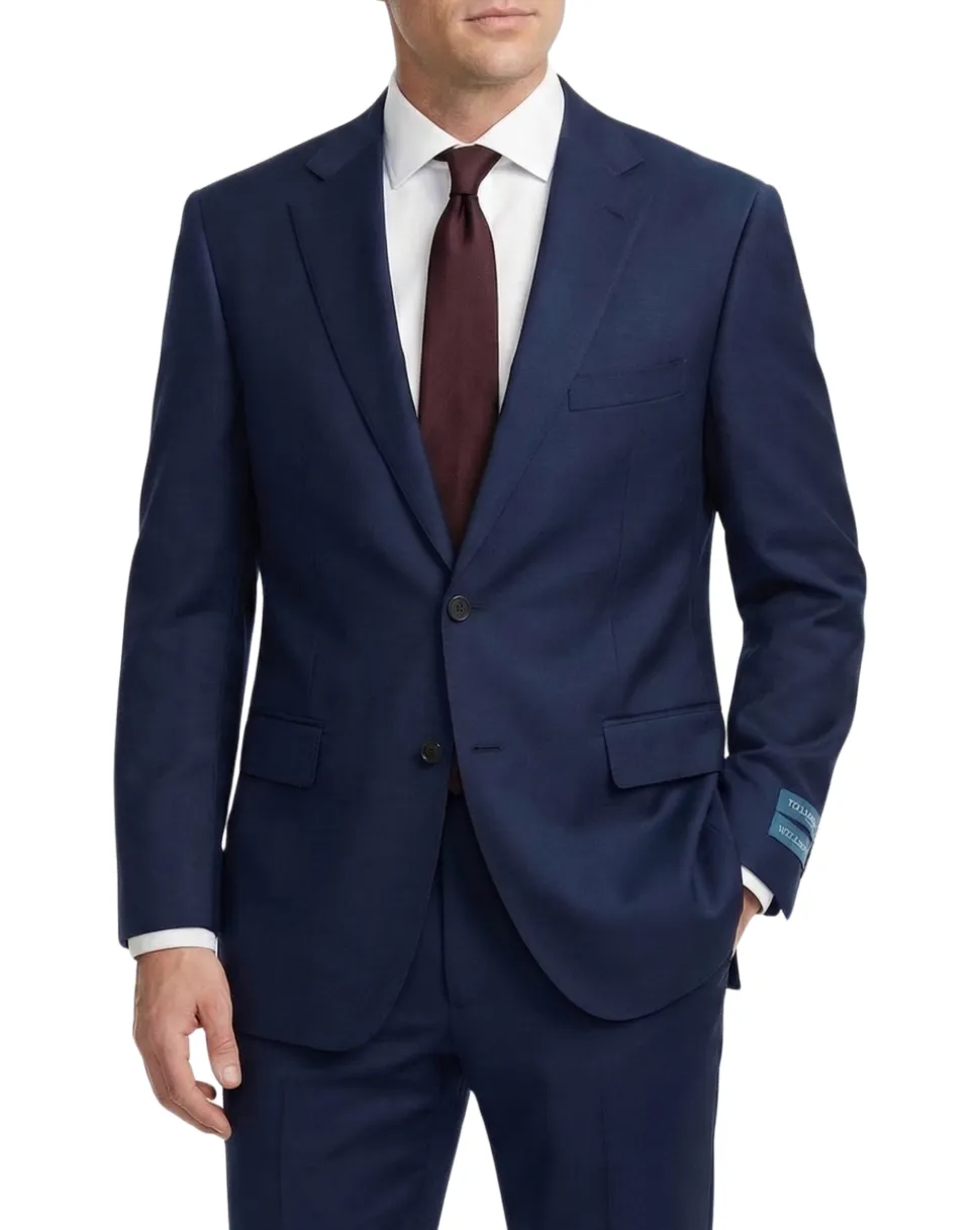 Tovaglia Mens Navy Textured Classic Fit Notch Lapels Wool Silk 2 Button Suit