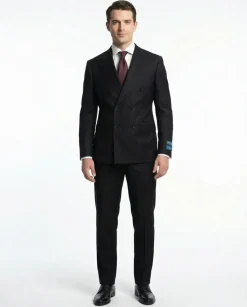 Tovaglia Mens Solid Black Classic Fit Double Breasted Wool Cashmere Blend Suit