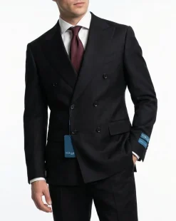 Tovaglia Mens Solid Black Classic Fit Double Breasted Wool Cashmere Blend Suit