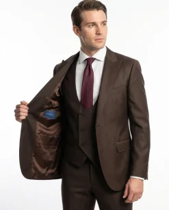 Tovaglia Mens Solid Dark Brown Classic Fit Peak Lapel Wool 3 Piece Suit