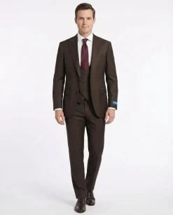 Tovaglia Mens Solid Dark Brown Classic Fit Peak Lapel Wool 3 Piece Suit