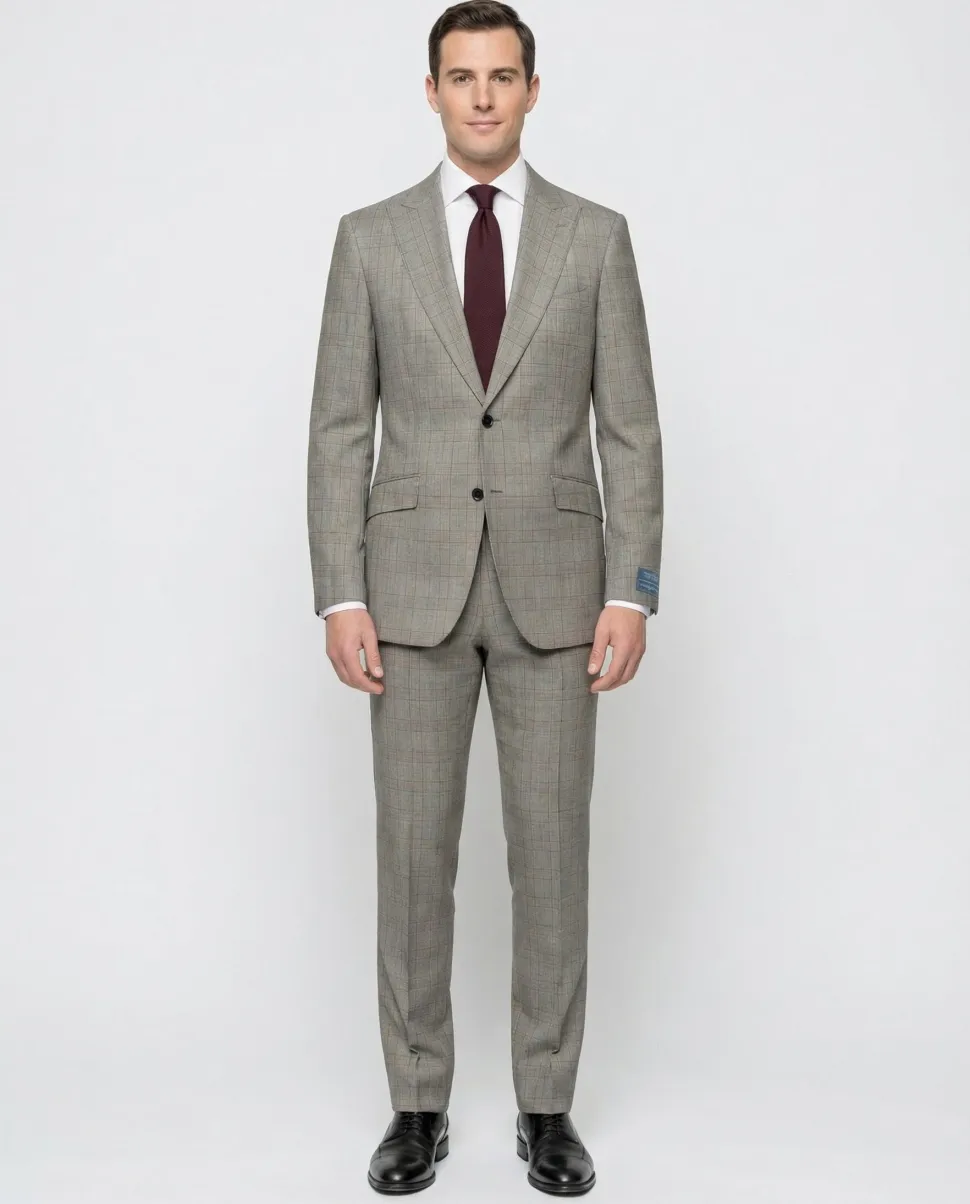 Tovaglia Mens Tan Glen Plaid Classic Fit Peak Lapel Wool 2-Button Suit