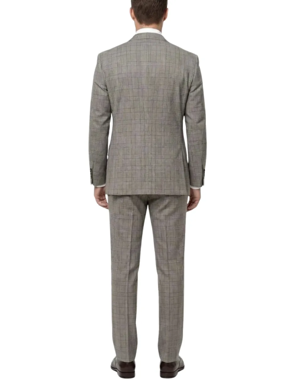Tovaglia Mens Tan Glen Plaid Classic Fit Peak Lapel Wool 2-Button Suit