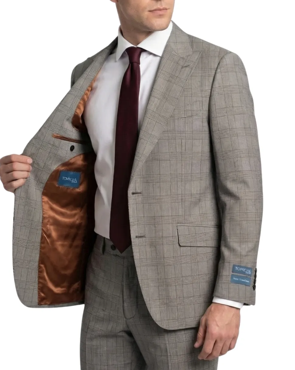 Tovaglia Mens Tan Glen Plaid Classic Fit Peak Lapel Wool 2-Button Suit