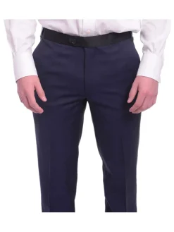 Unique Slim Fit Midnight Blue Subtle Sheen Wool Tuxedo Suit Satin Peak Lapels