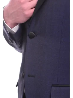 Unique Slim Fit Midnight Blue Subtle Sheen Wool Tuxedo Suit Satin Peak Lapels