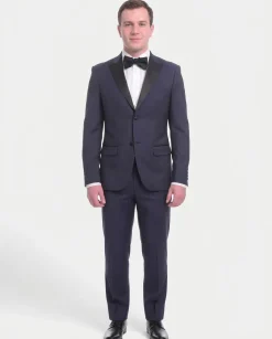 Unique Slim Fit Midnight Blue Subtle Sheen Wool Tuxedo Suit Satin Peak Lapels