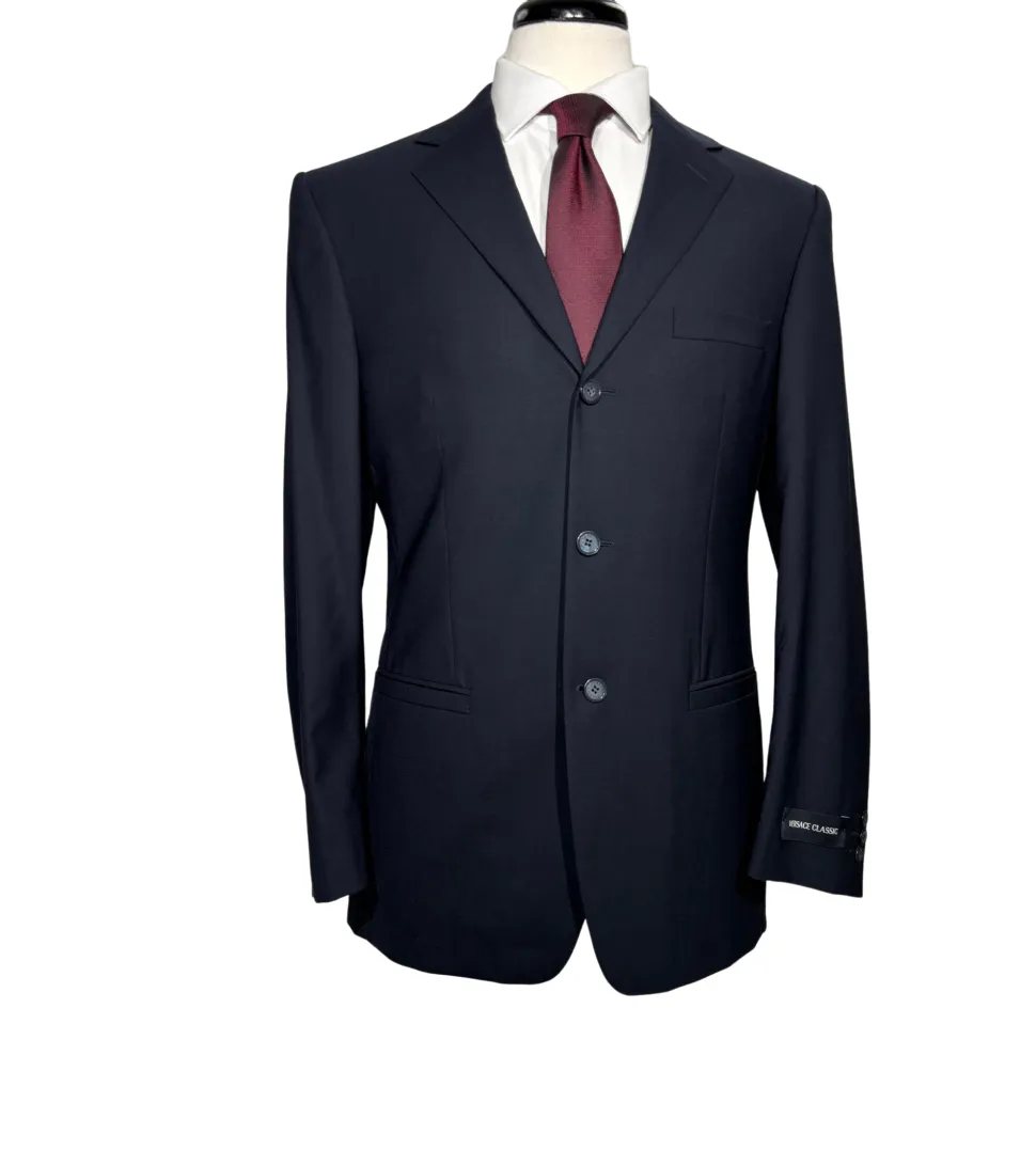 Versace Classic Mens Solid Dark Blue Notch Lapel Classic Fit 3-Button Wool Suit - 38L