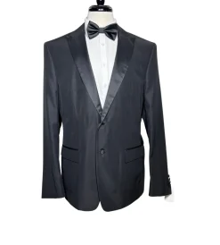 Versace Collection Mens Black Textured Satin Peak Lapel Classic Fit Stretch 2-Button Wool Blend Tuxedo - 44L