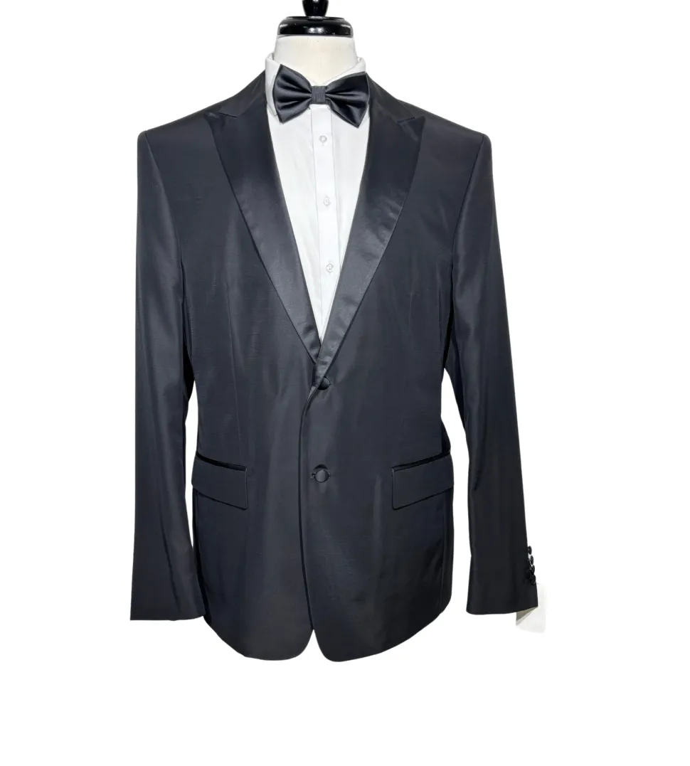 Versace Collection Mens Black Textured Satin Peak Lapel Classic Fit Stretch 2-Button Wool Blend Tuxedo - 44L