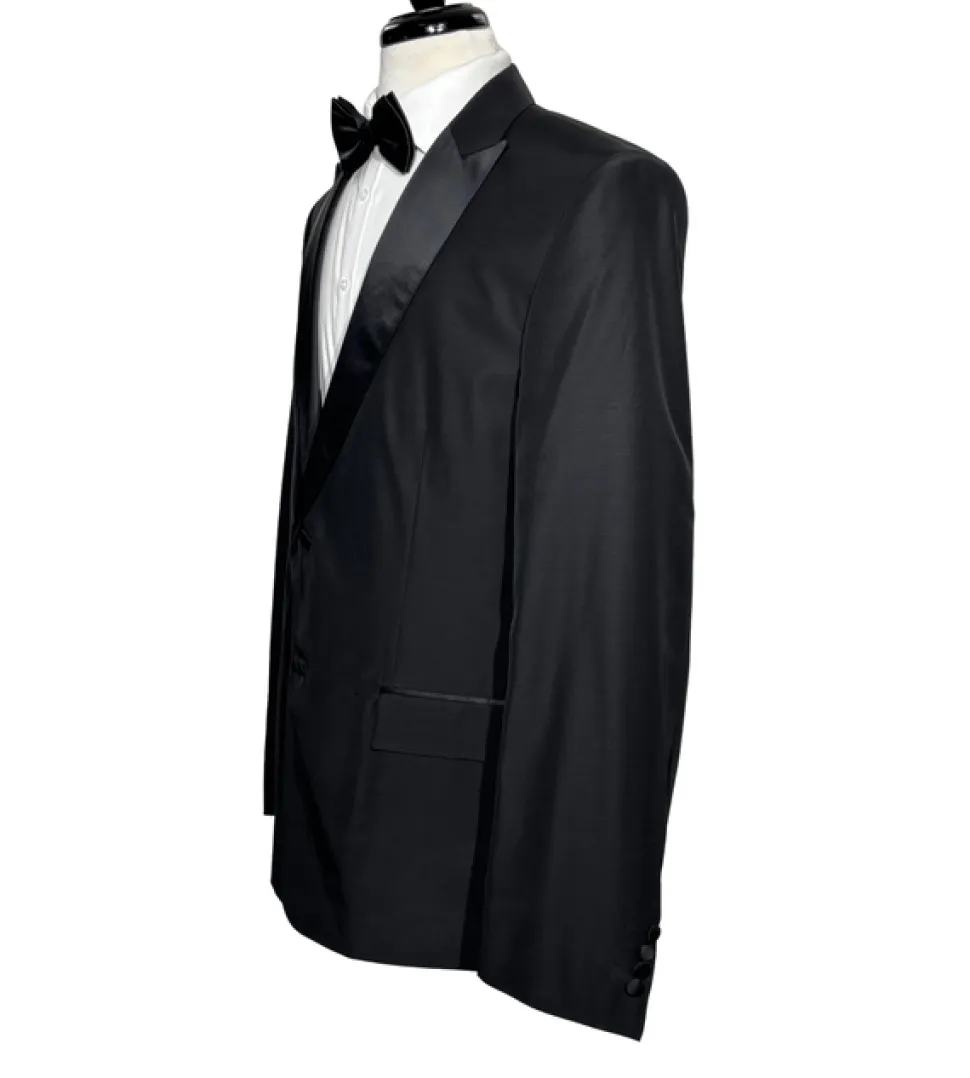 Versace Collection Mens Black Textured Satin Peak Lapel Classic Fit Stretch 2-Button Wool Blend Tuxedo - 44L