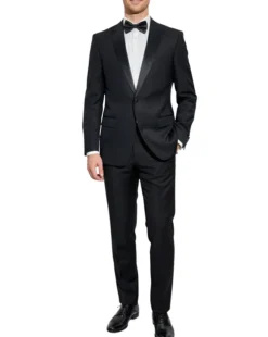 Versace Collection Mens Black Textured Satin Peak Lapel Classic Fit Stretch 2-Button Wool Blend Tuxedo - 44L