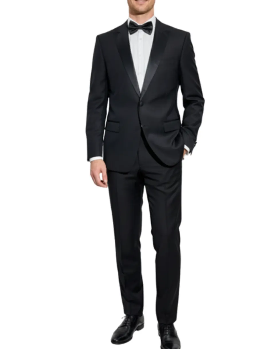 Versace Collection Mens Black Textured Satin Peak Lapel Classic Fit Stretch 2-Button Wool Blend Tuxedo - 44L