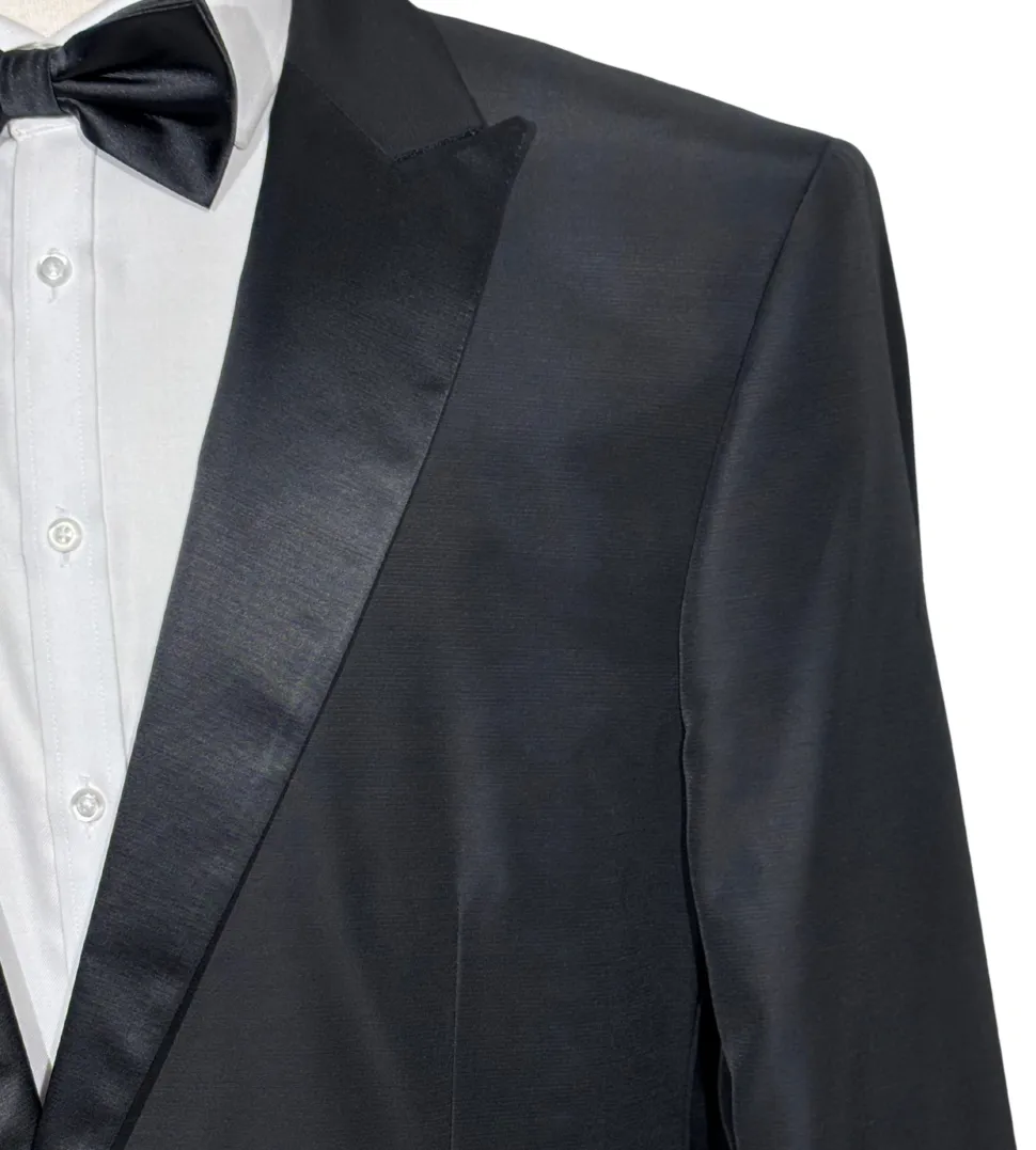 Versace Collection Mens Black Textured Satin Peak Lapel Classic Fit Stretch 2-Button Wool Blend Tuxedo - 44L