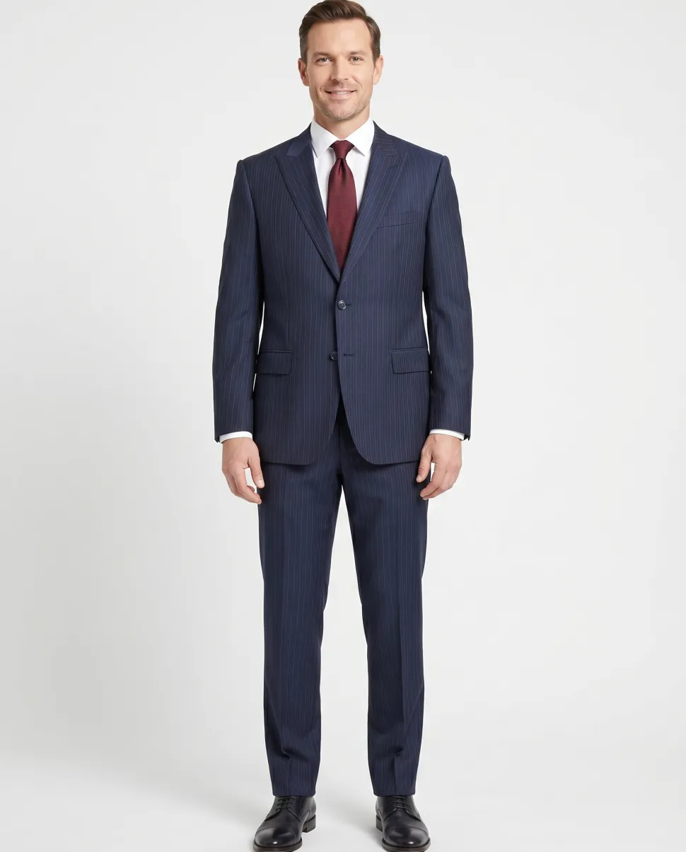 Versace Collection Mens Navy Multi-Pinstripe Peak Lapel Classic Fit 2-Button Wool Suit - 44R