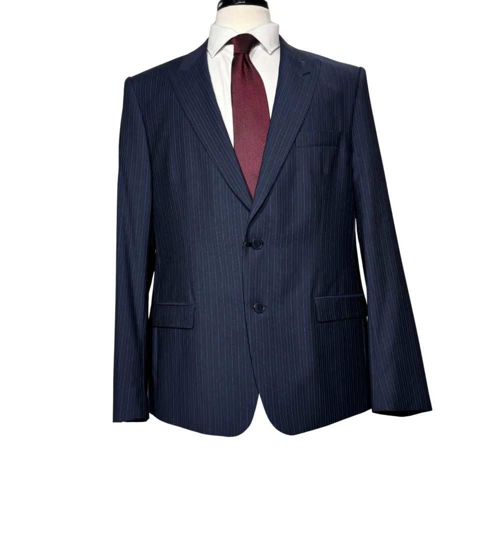 Versace Collection Mens Navy Multi-Pinstripe Peak Lapel Classic Fit 2-Button Wool Suit - 44R