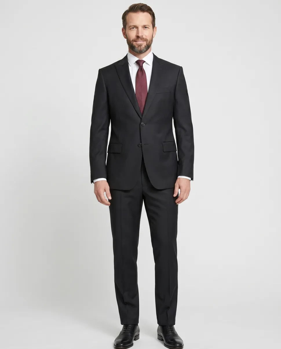 Versace Collection Mens Solid Black Peak Lapel Slim Fit 2-Button Wool Suit - 42R