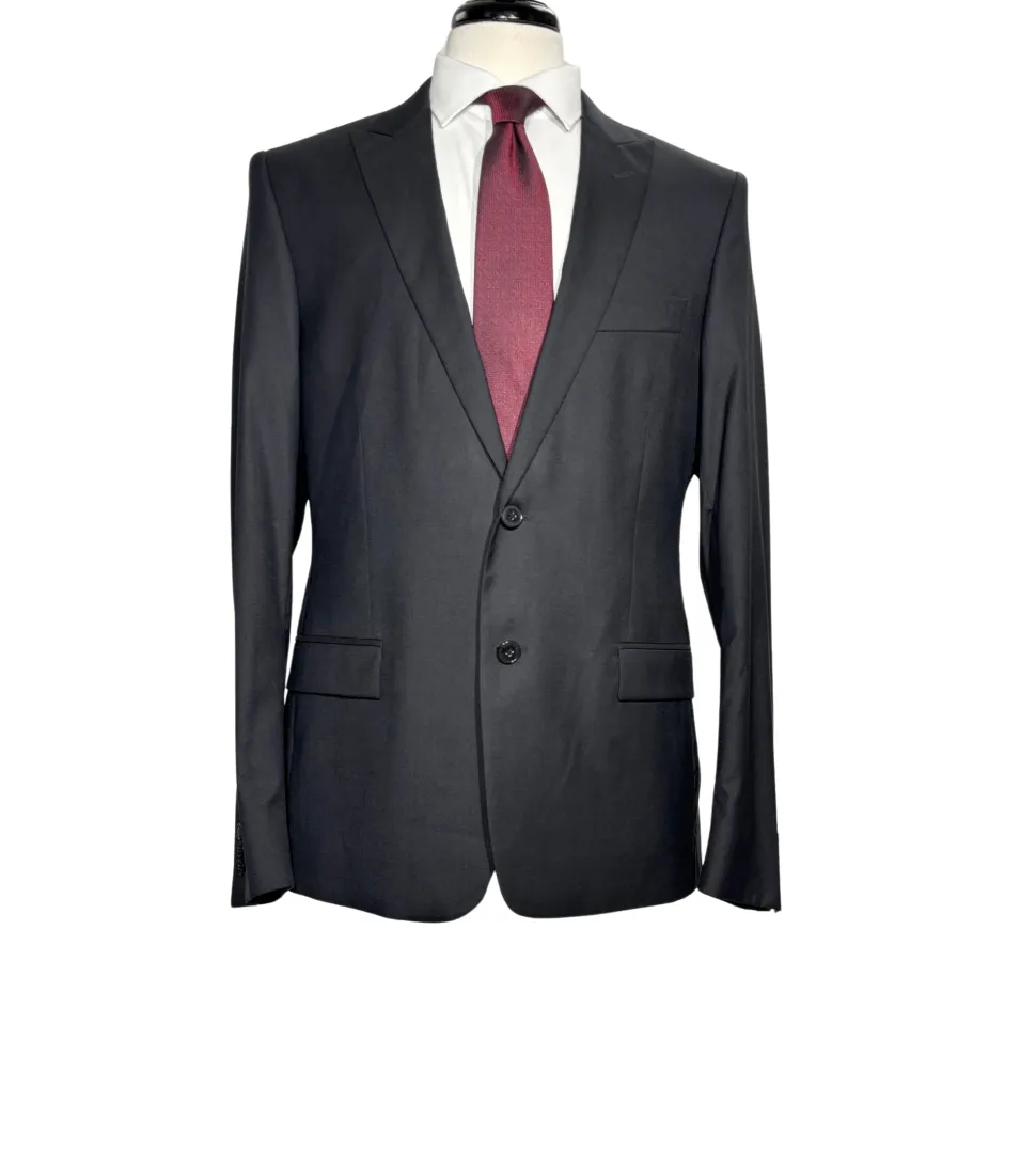 Versace Collection Mens Solid Black Peak Lapel Slim Fit 2-Button Wool Suit - 42R