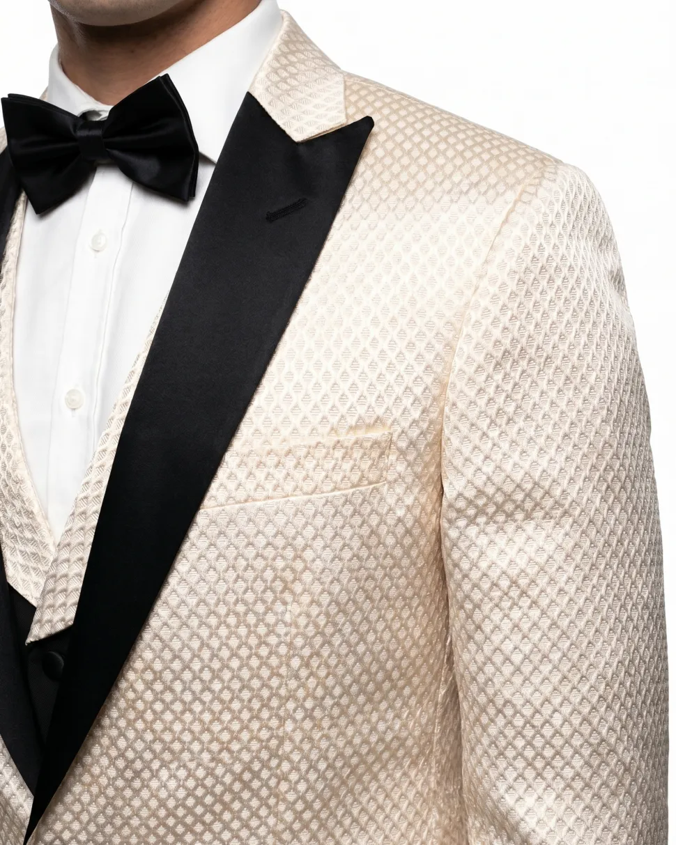 Vitali Mens Champagne Textured Slim Fit Peak Lapel 3 Piece Tuxedo Suit