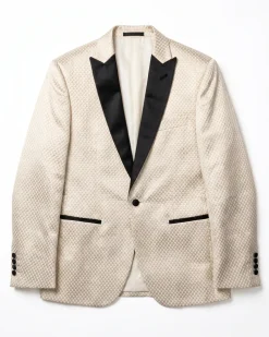 Vitali Mens Champagne Textured Slim Fit Peak Lapel 3 Piece Tuxedo Suit