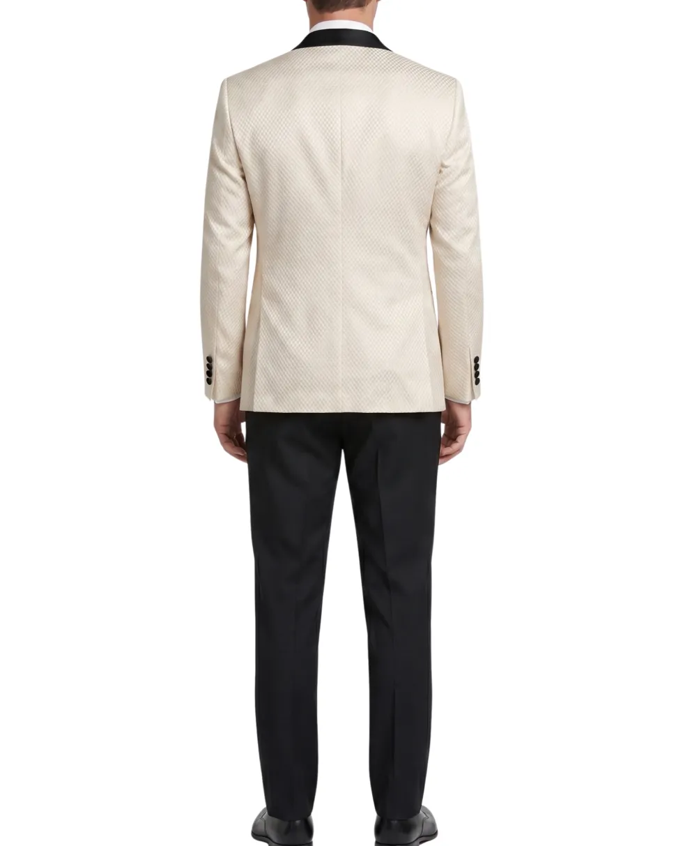 Vitali Mens Champagne Textured Slim Fit Peak Lapel 3 Piece Tuxedo Suit