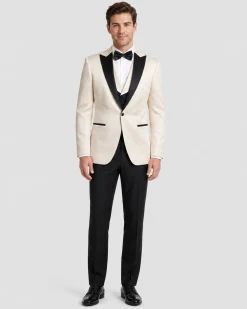 Vitali Mens Champagne Textured Slim Fit Peak Lapel 3 Piece Tuxedo Suit