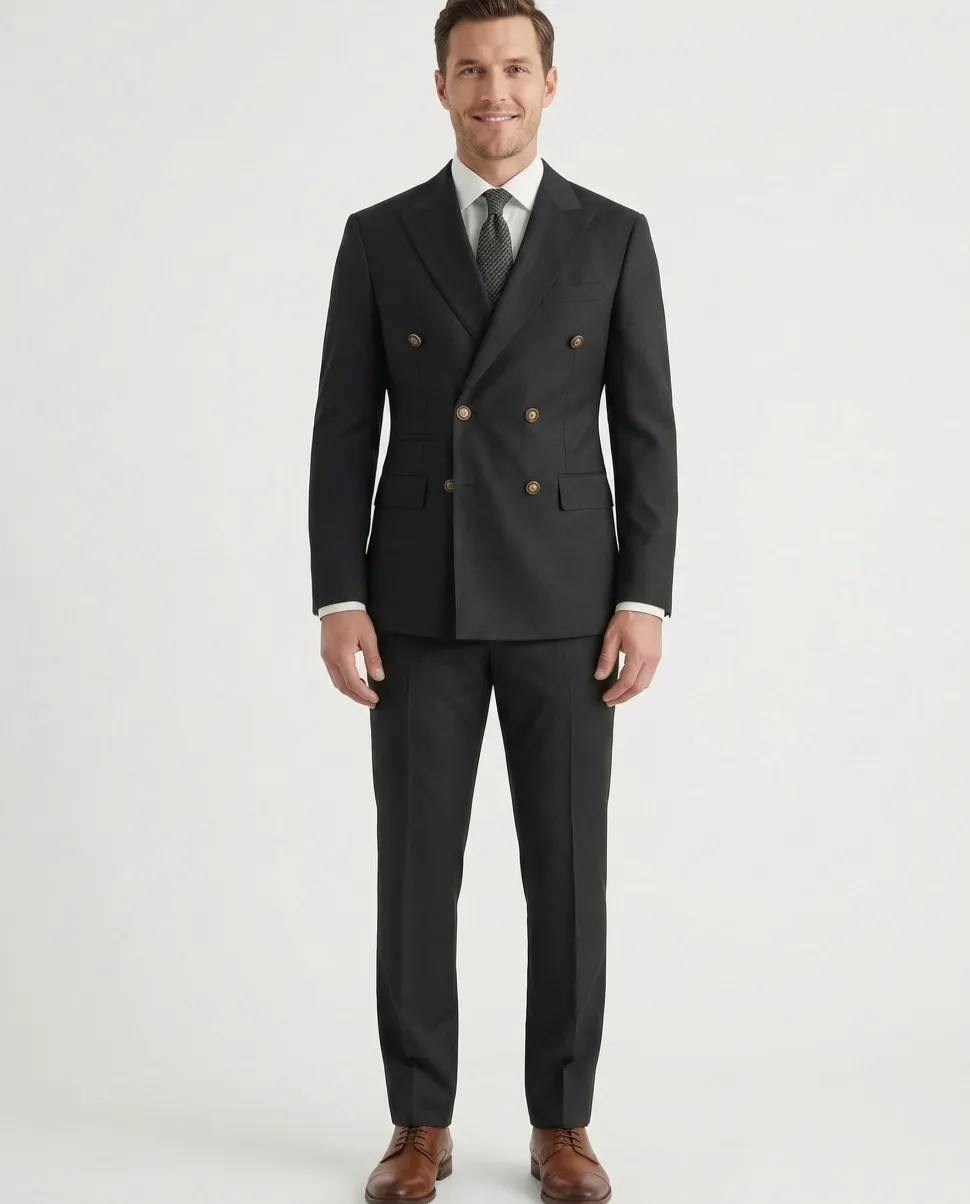 Vitali Solid Black Classic Fit Peak Lapel Double Breasted Suit