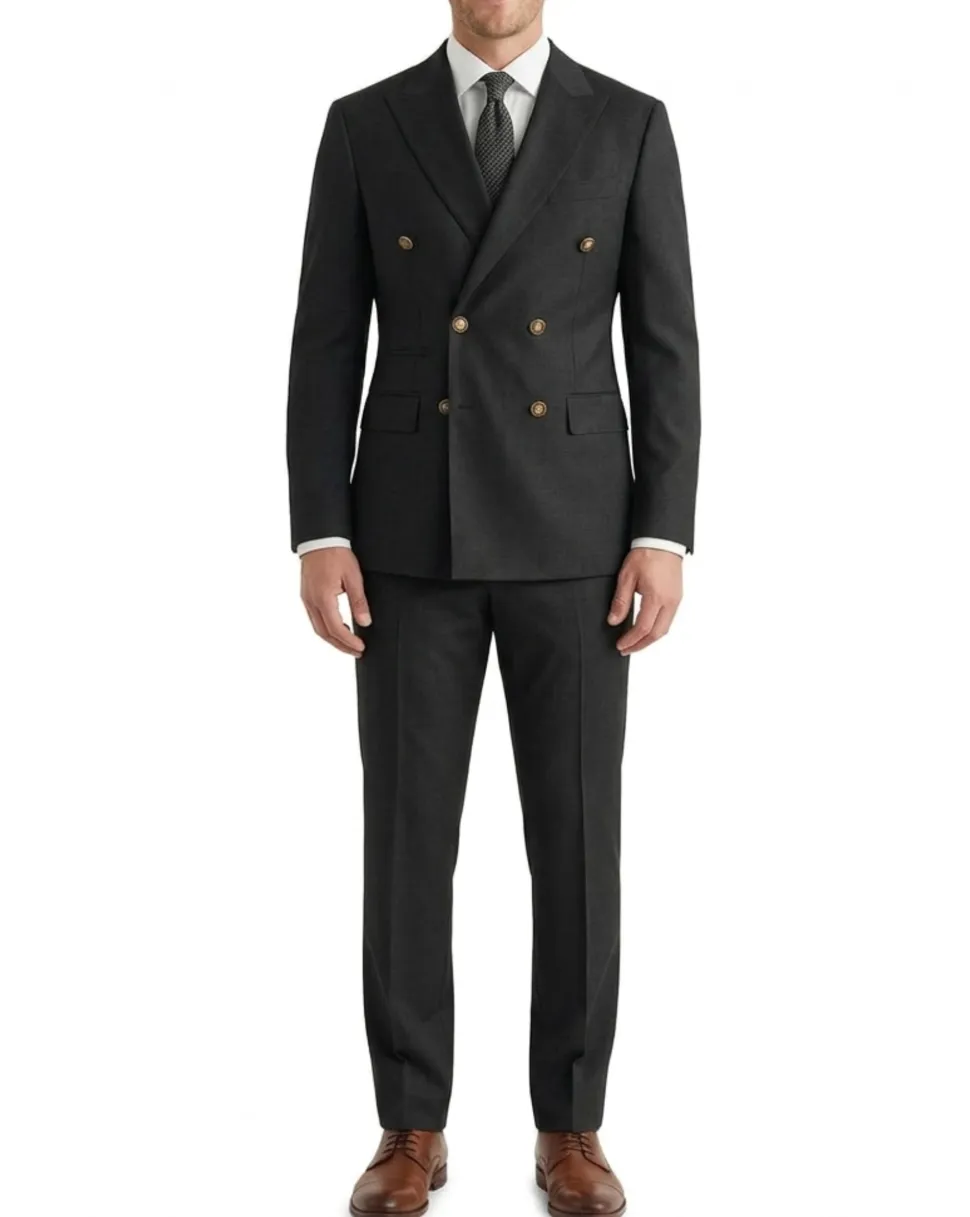 Vitali Solid Black Classic Fit Peak Lapel Double Breasted Suit