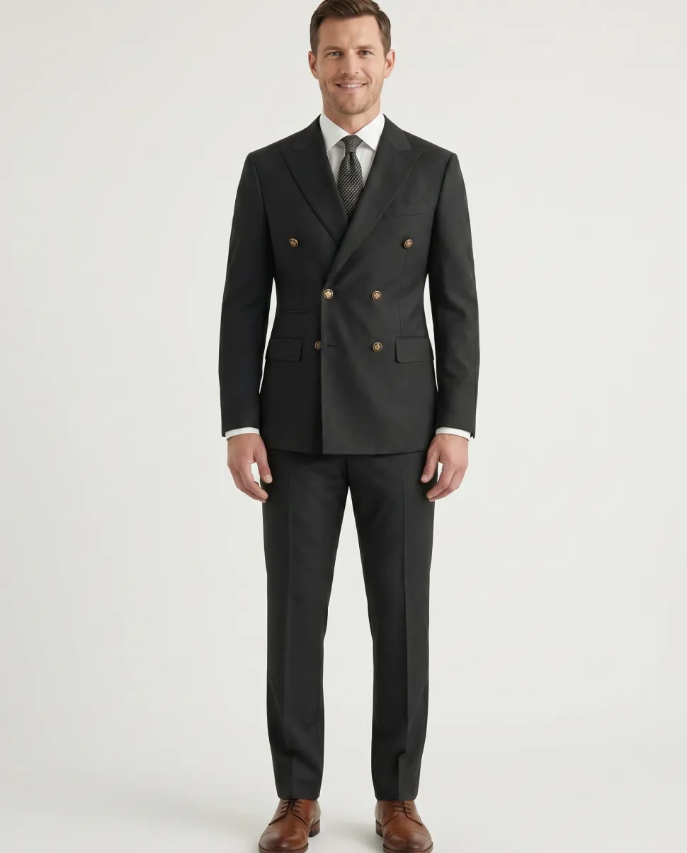 Vitali Solid Black Slim Fit Peak Lapel Double Breasted Suit