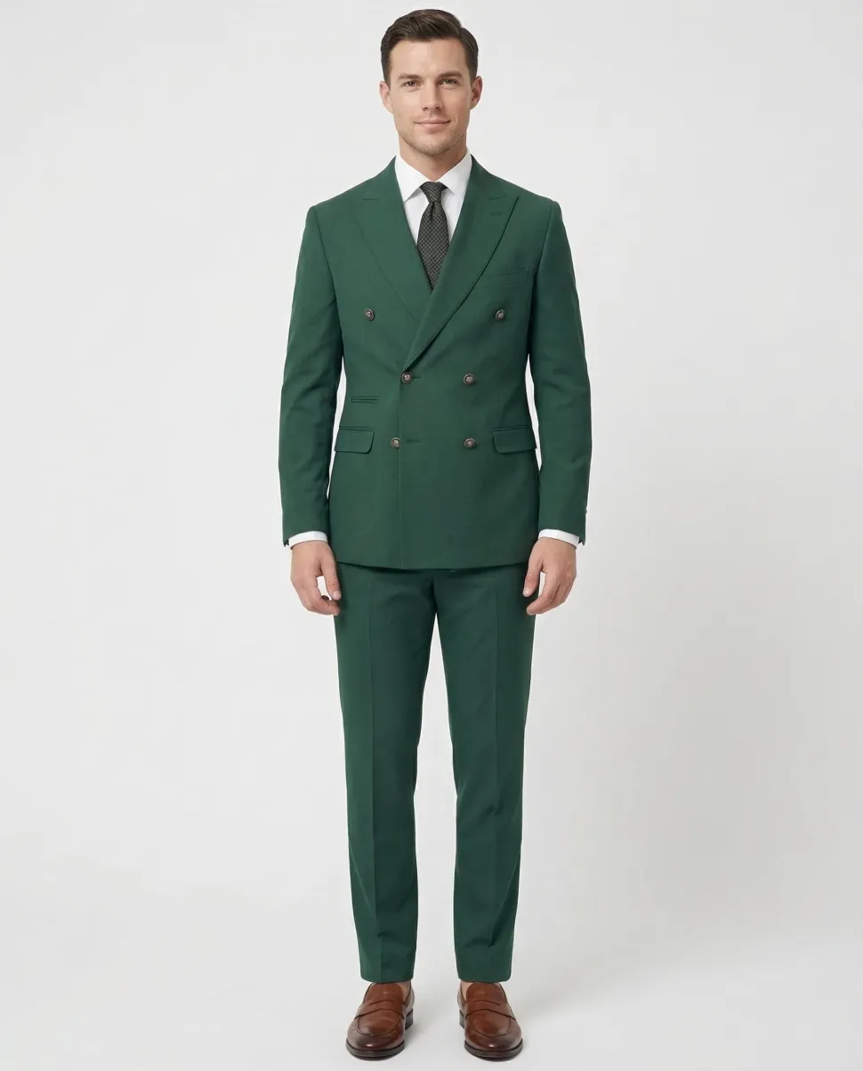 Vitali Solid Hunter Green Slim Fit Peak Lapel Double Breasted Suit