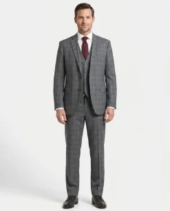 West End Gray Plaid Wool Slim Fit Notch Lapel 3 Piece Suit