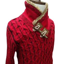 Young Republic Solid Red Cotton Blend Shawl Neck Aran Sweater with Faux Fur Collar