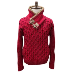 Young Republic Solid Red Cotton Blend Shawl Neck Aran Sweater with Faux Fur Collar