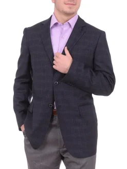 Zanetti Classic Fit Navy Blue Plaid Two Button Wool Blazer Sportcoat