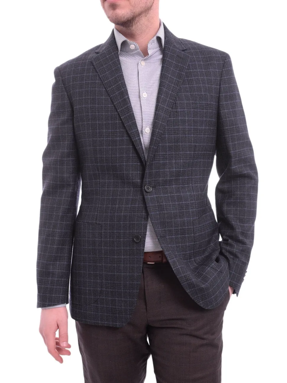 Zanetti Modern Fit Navy Blue Glen Plaid Blazer Sportcoat With Patch Pockets