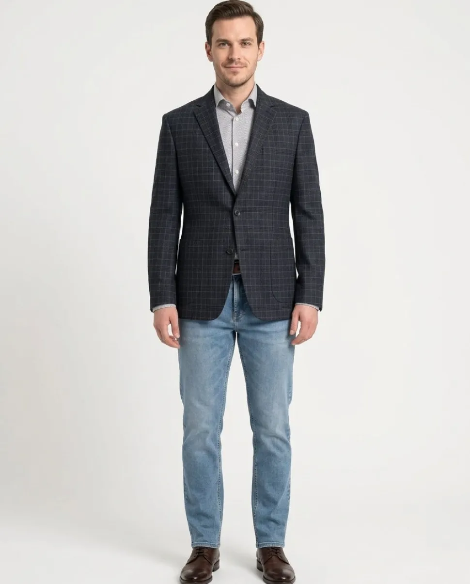 Zanetti Modern Fit Navy Blue Glen Plaid Blazer Sportcoat With Patch Pockets