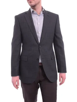Zanetti Modern Fit Navy Blue Windowpane Two Button Wool Blazer Sportcoat