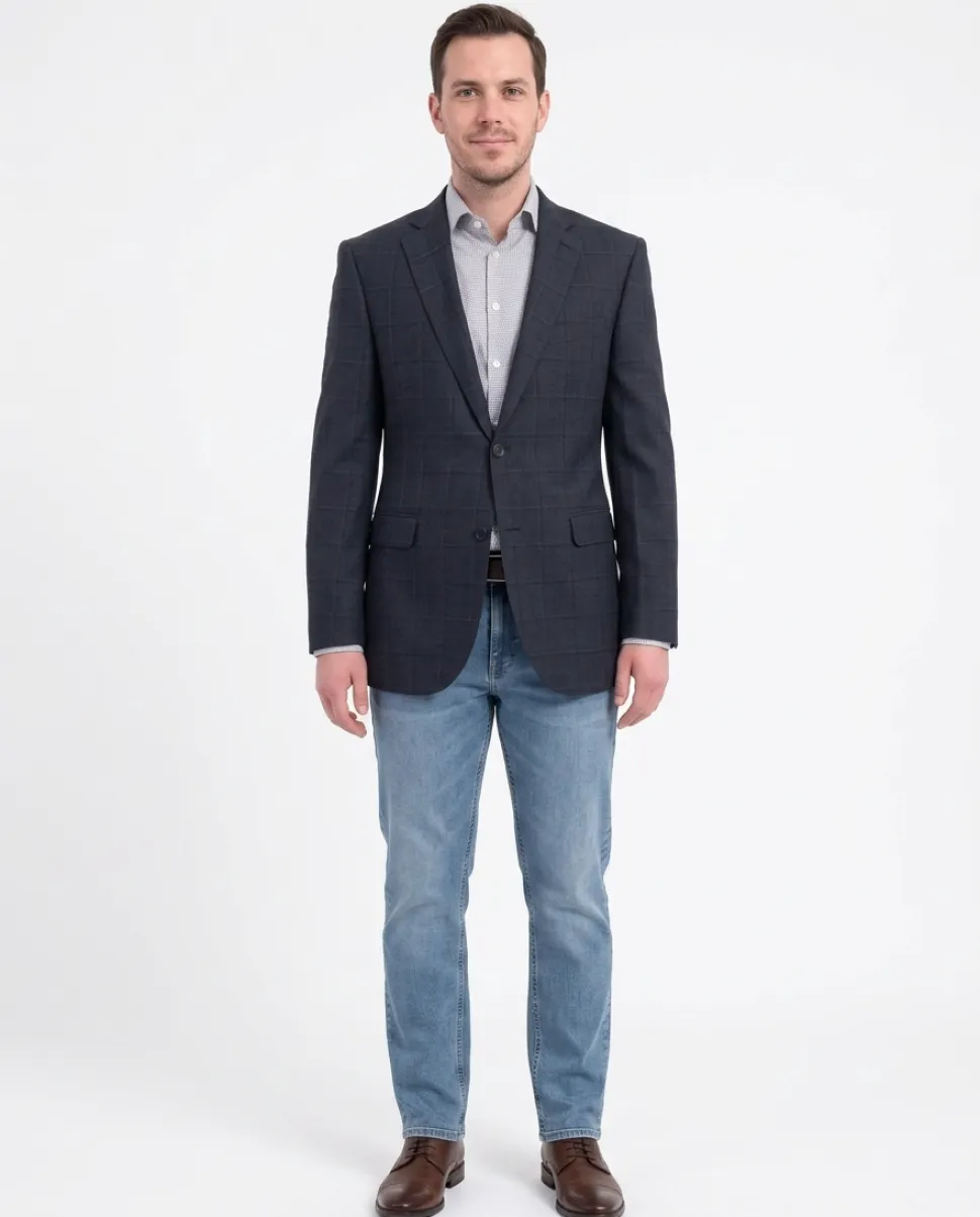 Zanetti Modern Fit Navy Blue Windowpane Two Button Wool Blazer Sportcoat