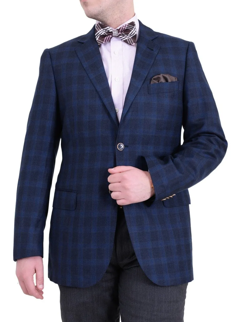 Zanetti Regular Fit Navy Blue Plaid Two Button Wool Blazer Sportcoat