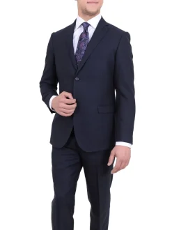 Zanetti Slim Fit Navy Blue Textured Two Button Wool Suit