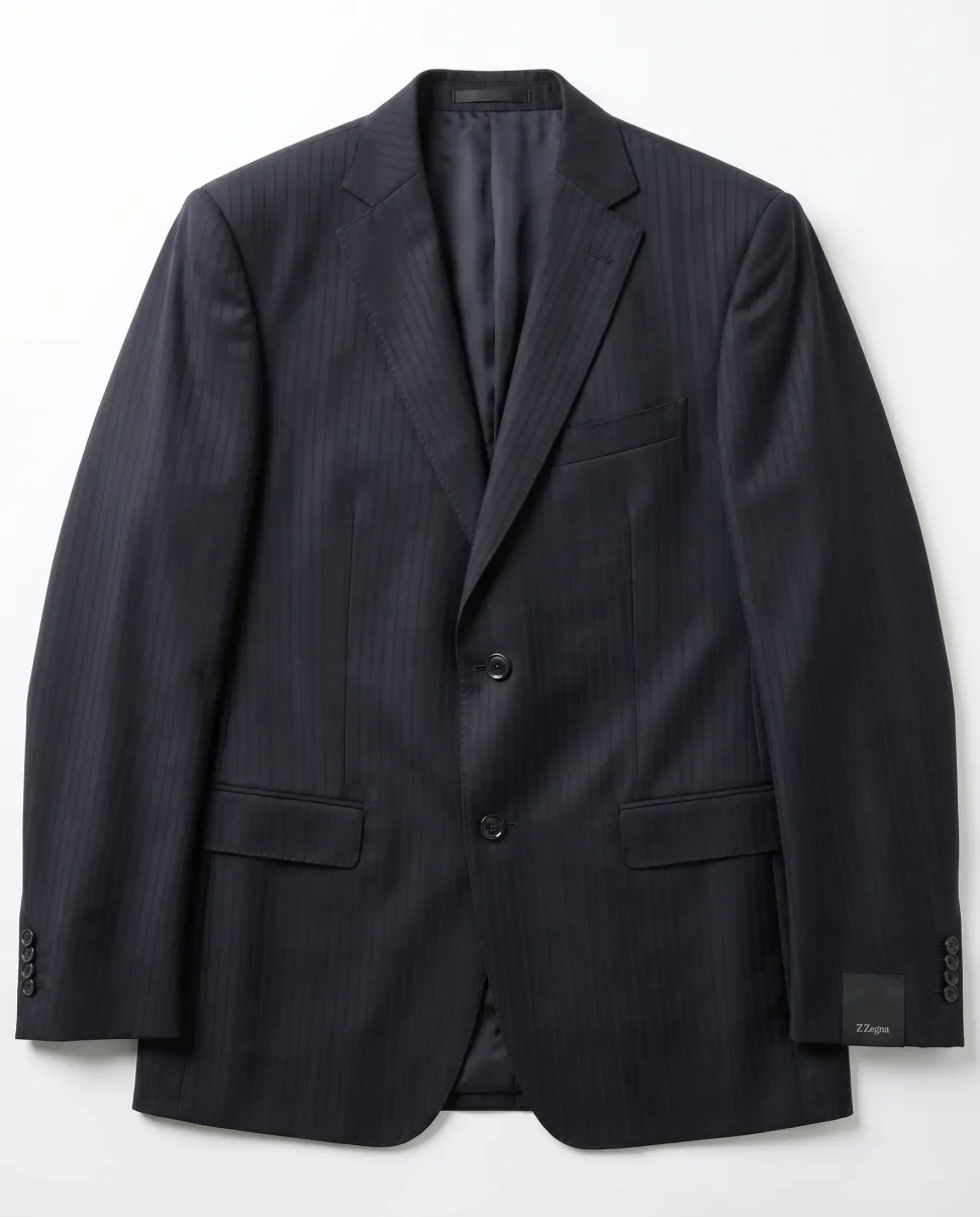 Z Zegna Mens Black Pinstripe Notch Lapels Classic Fit 2-Button Wool Suit - 40L